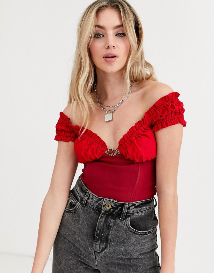 O Mighty Bardot Milk Maid Top With Color Block Waist & Logo-red