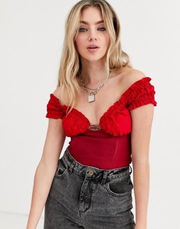 O Mighty Bardot Milk Maid Top With Color Block Waist & Logo-red