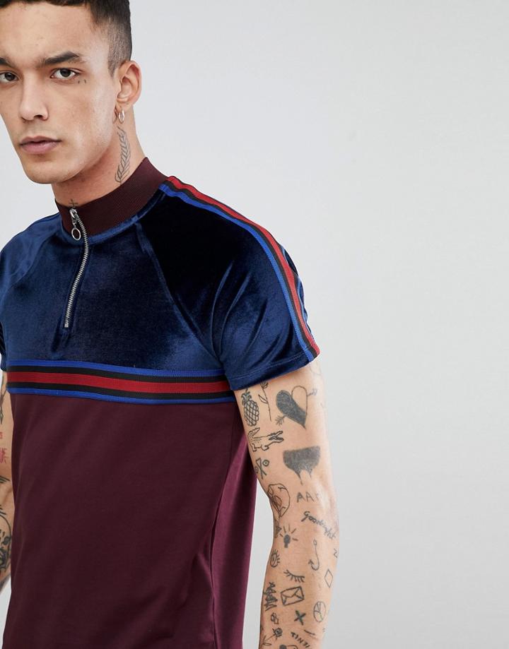 Asos Raglan T-shirt With Zip Neck In Velour With Taping - Red