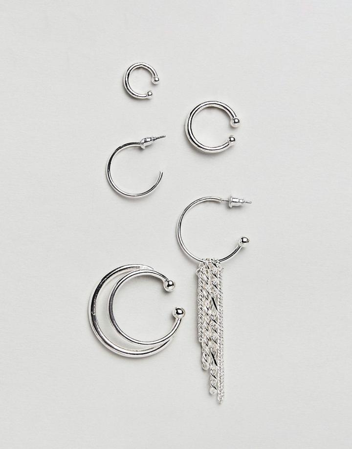 Asos Design Statement Chunky Hoop Earring And Cuff In Silver Tone - Silver