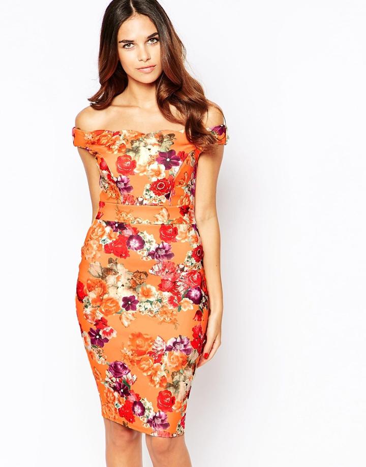 Jessica Wright Jada Midi Pencil Dress In Floral Print - Orange Floral