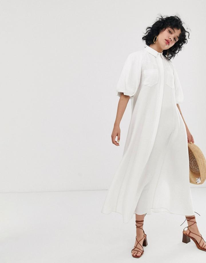 Asos Design Puff Sleeve Trapeze Maxi Shirt Dress With Contrast Stitching-white