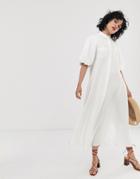 Asos Design Puff Sleeve Trapeze Maxi Shirt Dress With Contrast Stitching-white