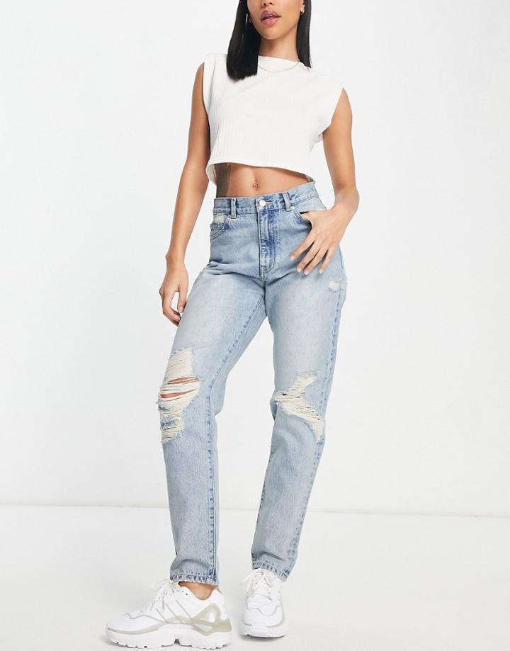 Dr Denim Nora Mom Jeans With Rips In Mid Wash Blue