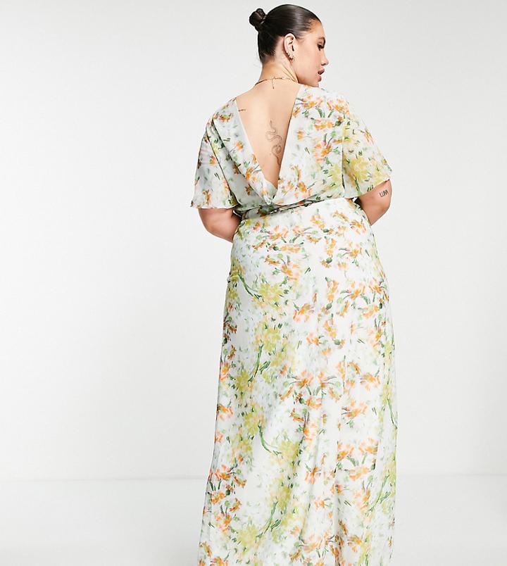 Hope & Ivy Plus Cowl Back Split Maxi Dress In Sage Floral-green