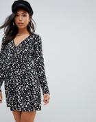 Asos Design Smock Mini Dress With Button Through In Mono Leopard Print - Multi