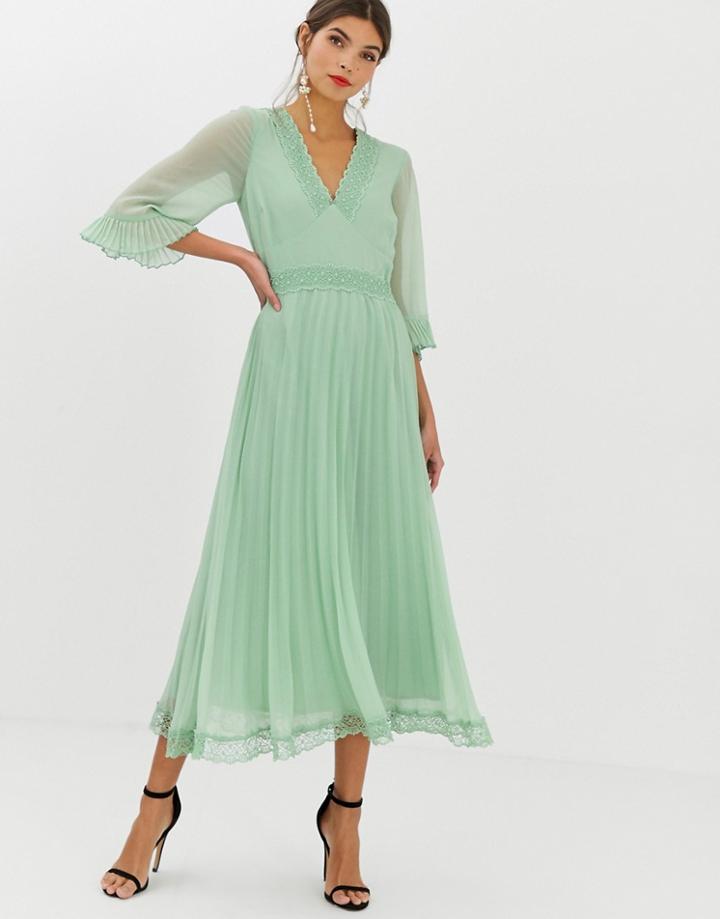 Asos Design Pleated Midi Dress With Lace Inserts - Green