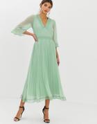 Asos Design Pleated Midi Dress With Lace Inserts - Green