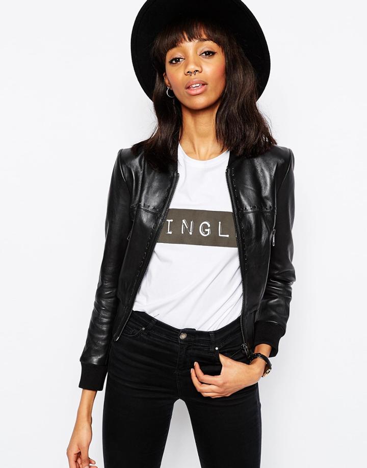 Asos Bomber In Leather With Stabstitch Detail - Black