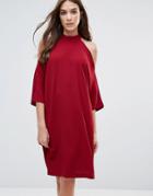 Liquorish Cold Shoulder Oversized Midi Dress - Red