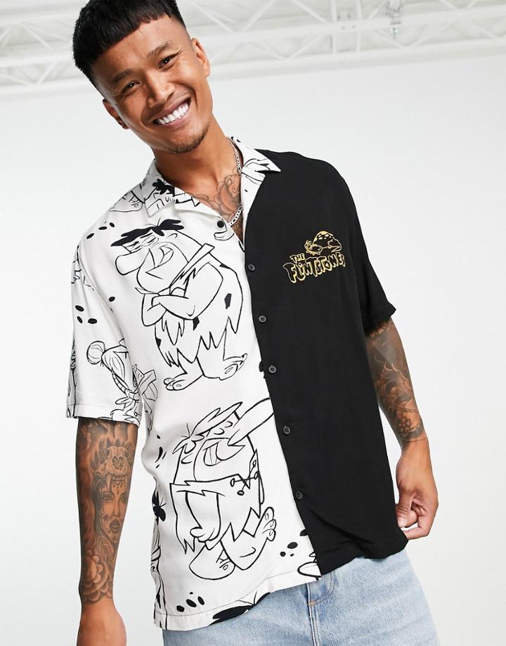 Bershka Spliced Relaxed Fit Flintstones Print Shirt In White