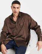 Asos Design Oversized Satin Shirt With Dip Back Hem In Recycled Polyester In Dusky Pink-brown