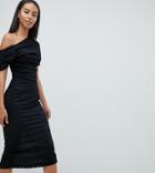 Asos Design Tall Pleated Shoulder Lace Midi Dress-black