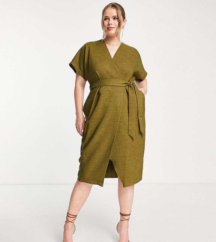 Closet London Plus Kimono Wrap Dress In Olive Green