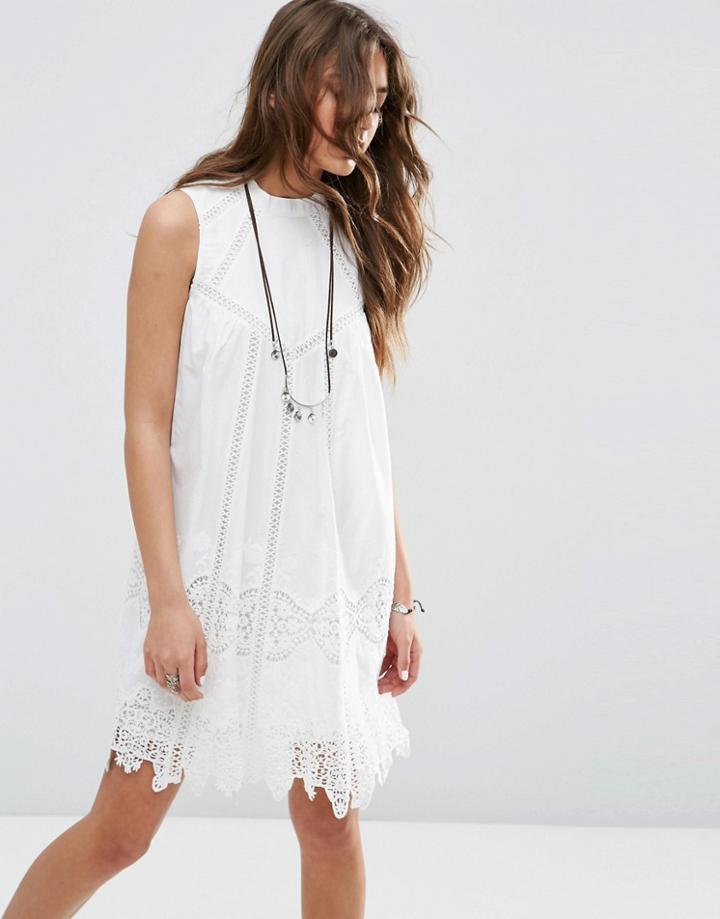 Asos Premium Ladder And Lace Swing Sundress With High Neck - White
