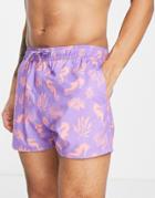 Asos Design Swim Shorts With Sea Horse Print Short Length-purple