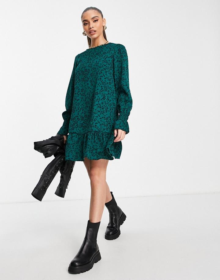 Ax Paris Long Sleeve Smock Dress In Green Print-navy