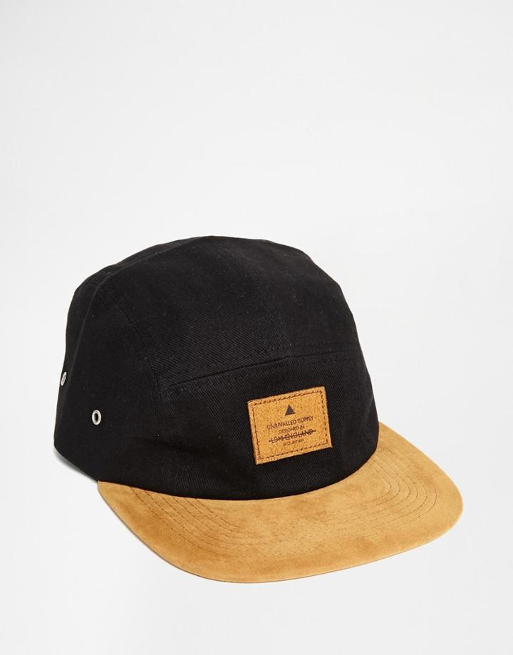 Asos 5 Panel Cap In Black Canvas With Tan Faux Suede Peak - Black