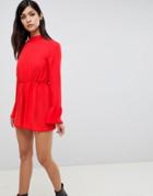 Asos Design Romper With Frill Hem And Tie Back - Red