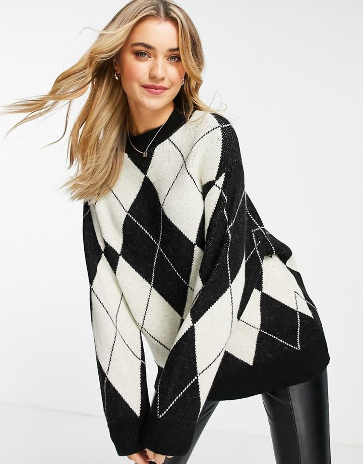 Pull & Bear Crew Neck Sweater In Mono Diamond Print-multi