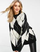 Pull & Bear Crew Neck Sweater In Mono Diamond Print-multi