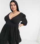 Asos Design Curve Plunge Tiered Double Layer Mini Dress With Tie Back In Black