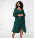 Asos Design Curve Wrap Waist Midi Dress With Double Layer Skirt In Forest Green