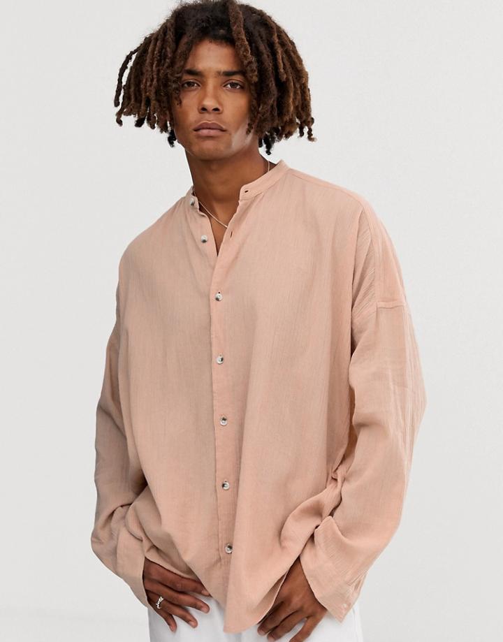 Asos Design Oversized Drop Shoulder Longline Crinkle Grandad Collar Shirt In Pink - Pink
