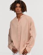 Asos Design Oversized Drop Shoulder Longline Crinkle Grandad Collar Shirt In Pink - Pink