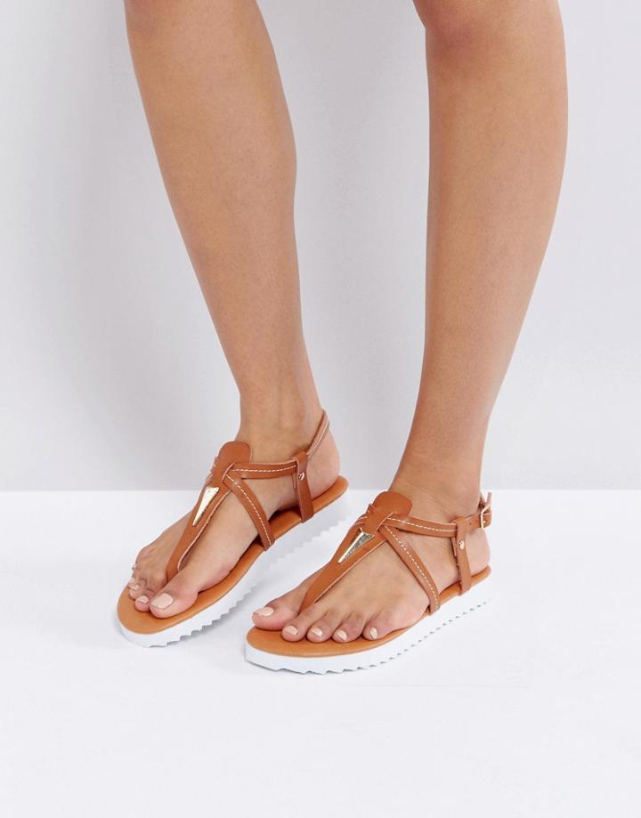 London Rebel Metal Trim Toepost Flat Sandal - Tan