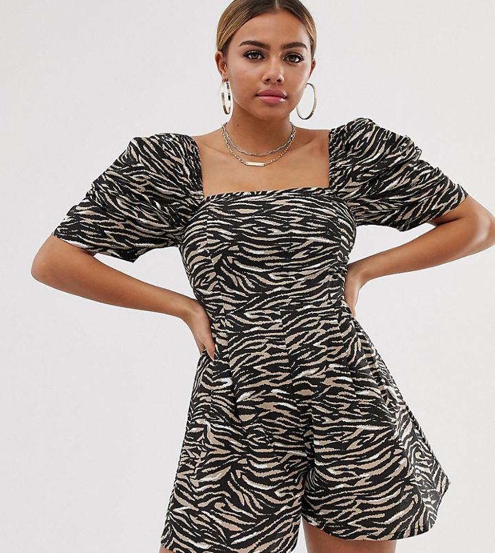 Collusion Petite Volume Shoulder Zebra Print Romper - Multi