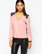 Lipsy Wrap Front Blouse With Scallop Lace Back - Nude