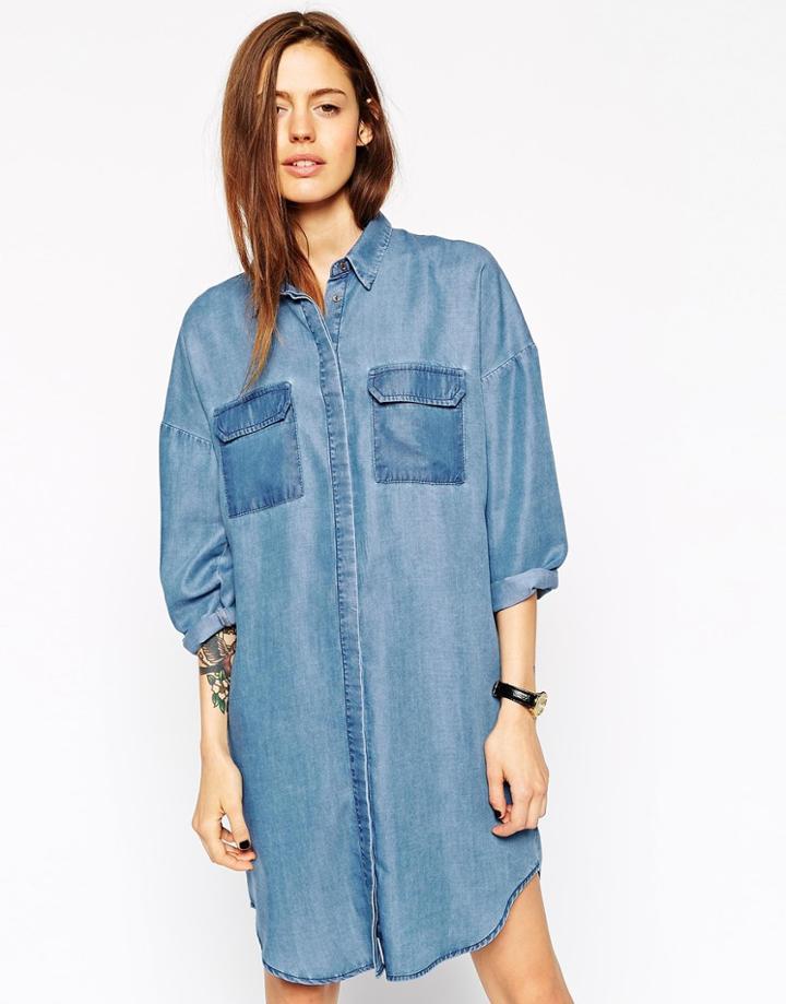 Asos Denim Oversized Chuck On Shirt Dress - Blue