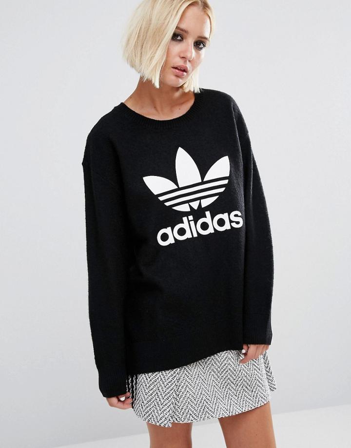 Adidas Originals Boiled Wool Sweatshirt With Trefoil Logo - Black