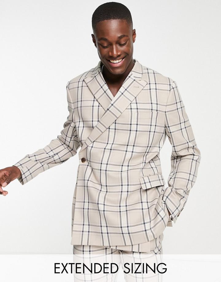 Asos Design Slim Suit Jacket In Large Highlight Check In Stone And Light Blue-neutral