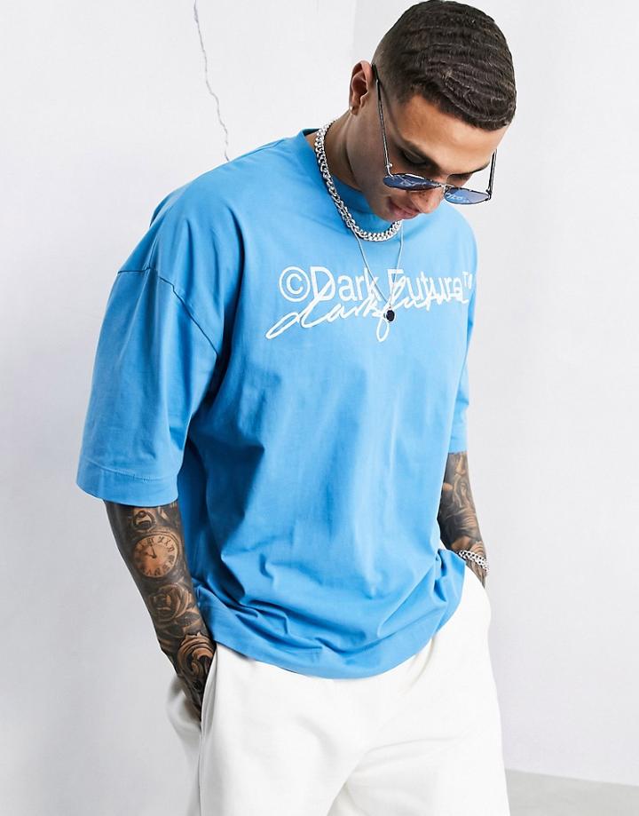 Asos Dark Future Oversized T-shirt With Double 3d Logo Print In Blue-blues