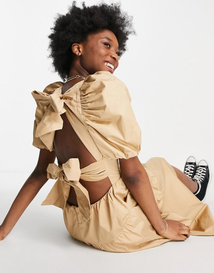 Bardot Square Neck Puff Sleeve Midi Dress With Back Detail In Soft Camel-brown