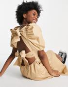 Bardot Square Neck Puff Sleeve Midi Dress With Back Detail In Soft Camel-brown