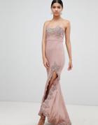 Love Triangle Lace Trim Bandeau Maxi Dress With Thigh Split - Pink