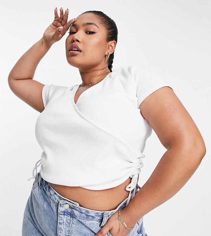 Asos Design Curve Ribbed Ruched Side Wrap Top In White