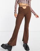 Topshop Compact Ribbed Flared Pants With Cross Hip Straps In Brown - Part Of A Set