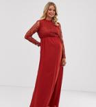 Asos Design Maternity Midi Dress With Long Sleeve Lace Top - Red