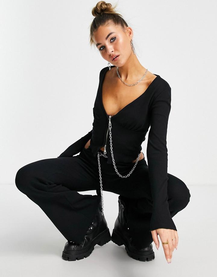 The Ragged Priest Crop Rib Top In Zip Front With Chain Detail - Part Of A Set-black