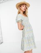 Influence Printed Cotton Smock Dress In Floral Print-green