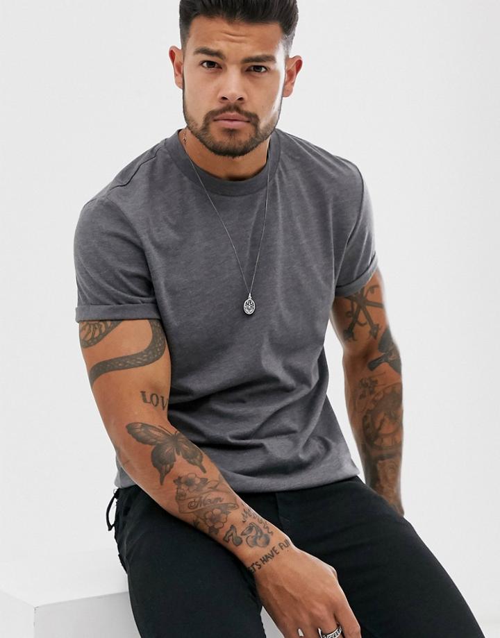 Asos Design T-shirt With Crew Neck And Roll Sleeve In Charcoal Marl-gray