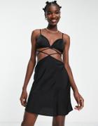 Asos Design Satin Strappy Cross Body Mini Dress In Black