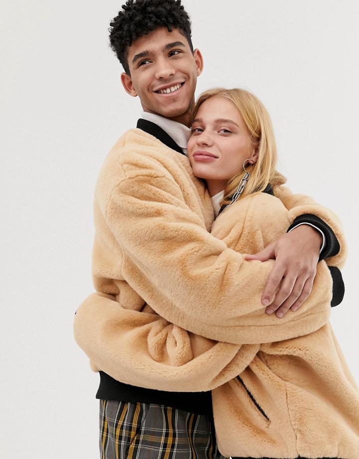 Collusion Unisex Faux Fur Bomber Jacket In Tan - Brown