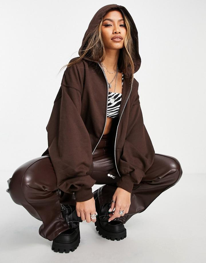 Bershka Oversized Double Zip Hoodie In Chocolate-gray