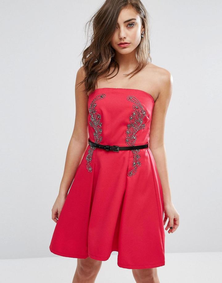 Little Mistress Bandeau Skater Dress With Embellished Detail - Red
