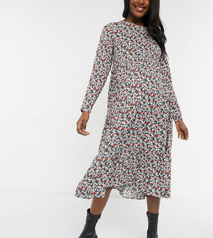 Pieces Maternity Midi Dress With Tiered Skirt In Mixed Floral-multi